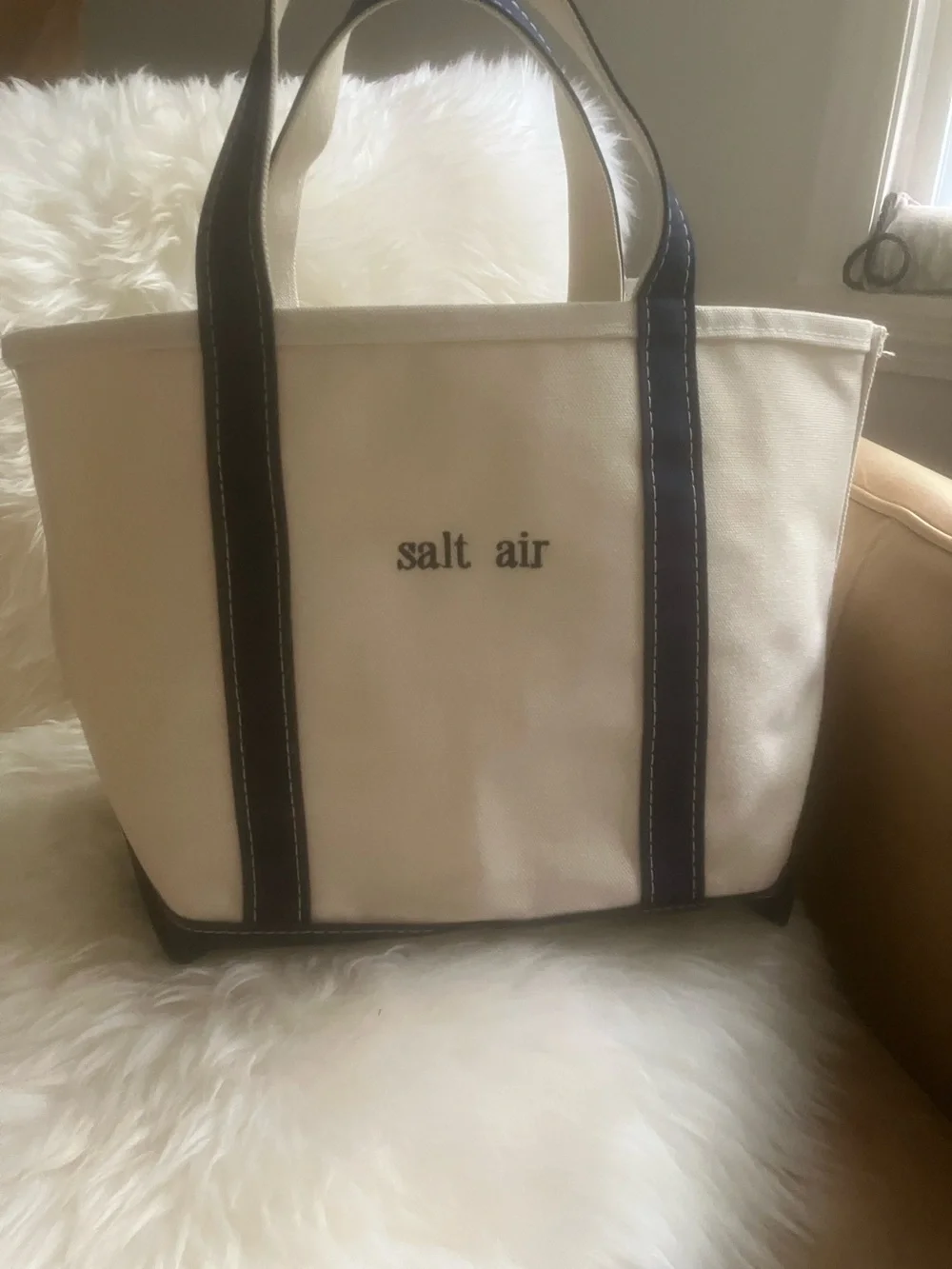 L.L. Bean Canvas Tote in Natural with Navy Handles monogram “Salt Air” medium